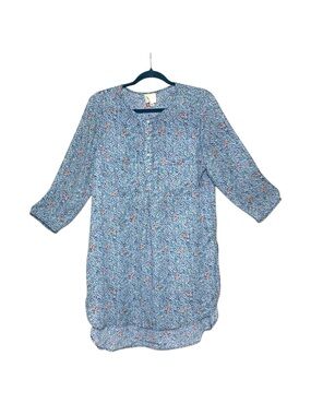 Fig & Flower Blue Floral Tunic Blouse Sz M 3/4 Sleeve Feminine Flowy Shirt
